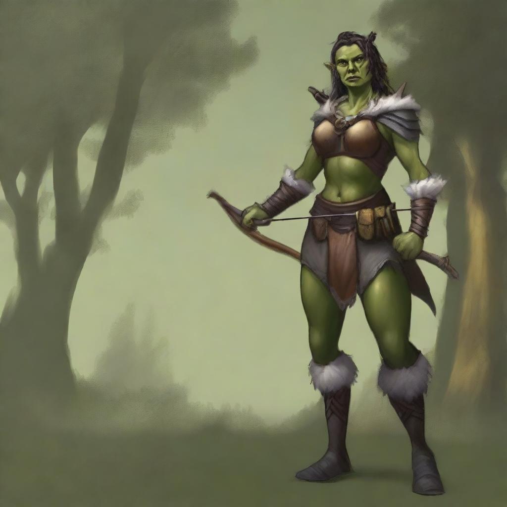 A full-body image of a standing female half-orc explorer with light green olive skin, wearing leather armor while holding a longbow