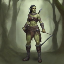 A full-body image of a standing female half-orc explorer with light green olive skin, wearing leather armor while holding a longbow