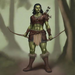 A full-body image of a standing female half-orc explorer with light green olive skin, wearing leather armor while holding a longbow