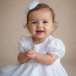 A delightful baby girl dressed in a pristine white dress, radiating innocence and joy.