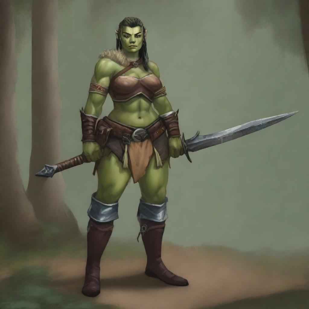 A full-body image of a standing female half-orc explorer with light green olive skin, wearing leather armor while holding a shortsword