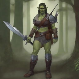 A full-body image of a standing female half-orc explorer with light green olive skin, wearing leather armor while holding a shortsword