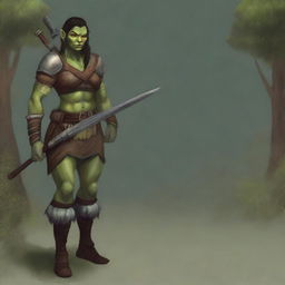 A full-body image of a standing female half-orc explorer with light green olive skin, wearing leather armor while holding a shortsword