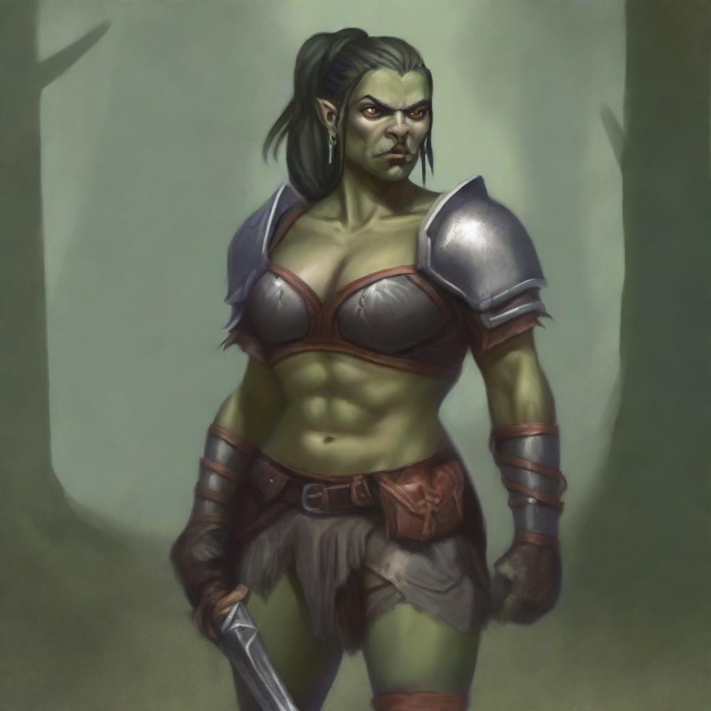 A full-body image of a standing female half-orc explorer with light green olive skin, wearing leather armor while holding a shortsword