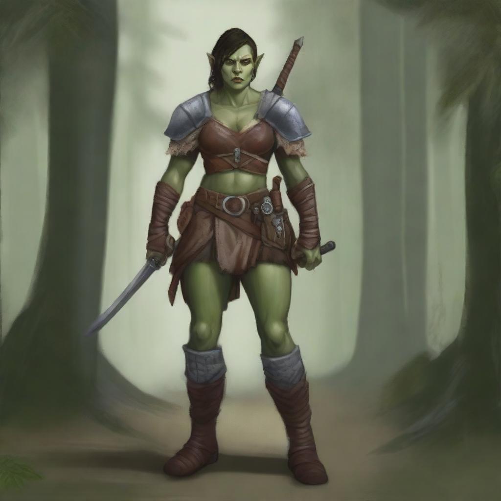 A full-body image of a standing female half-orc explorer with light green olive skin, wearing leather armor while holding a shortsword