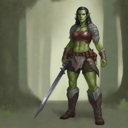 A full-body image of a standing female half-orc explorer with light green olive skin, wearing leather armor while holding a shortsword