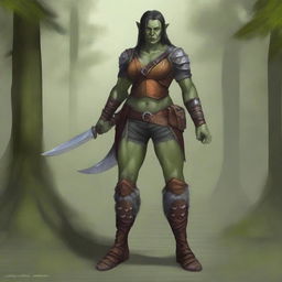 A full-body image of a standing female half-orc explorer with light green olive skin, wearing leather armor while holding a shortsword