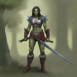 A full-body image of a standing female half-orc explorer with light green olive skin, wearing leather armor while holding a shortsword