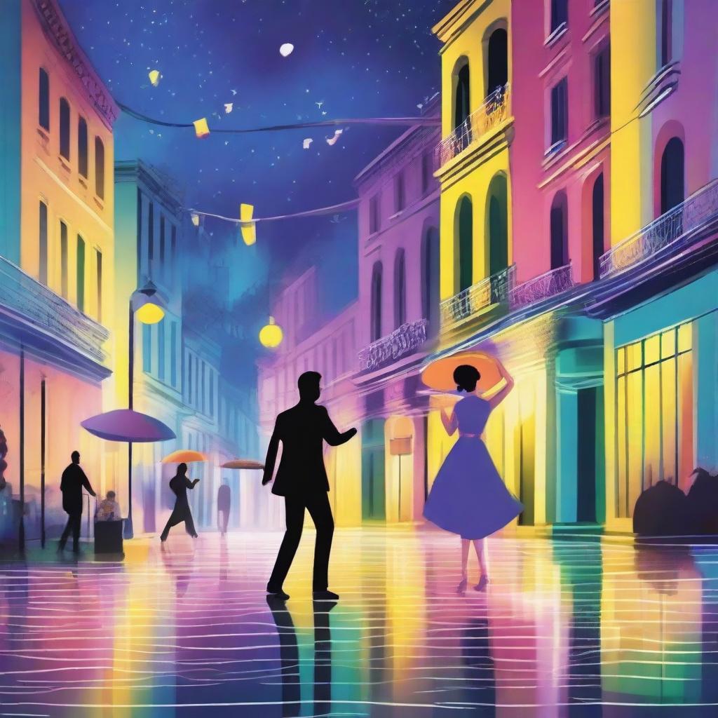 A vibrant cityscape at night, inspired by the movie 'La La Land', with musical notes floating through the air and jazz musicians playing on the street