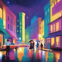 A vibrant cityscape at night, inspired by the movie 'La La Land', with musical notes floating through the air and jazz musicians playing on the street