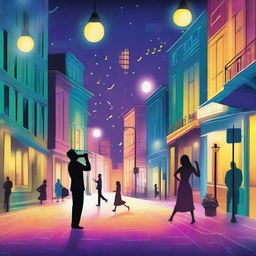 A vibrant cityscape at night, inspired by the movie 'La La Land', with musical notes floating through the air and jazz musicians playing on the street