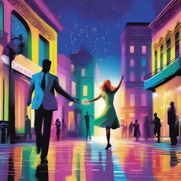 A vibrant cityscape at night, inspired by the movie 'La La Land', with musical notes floating through the air and jazz musicians playing on the street