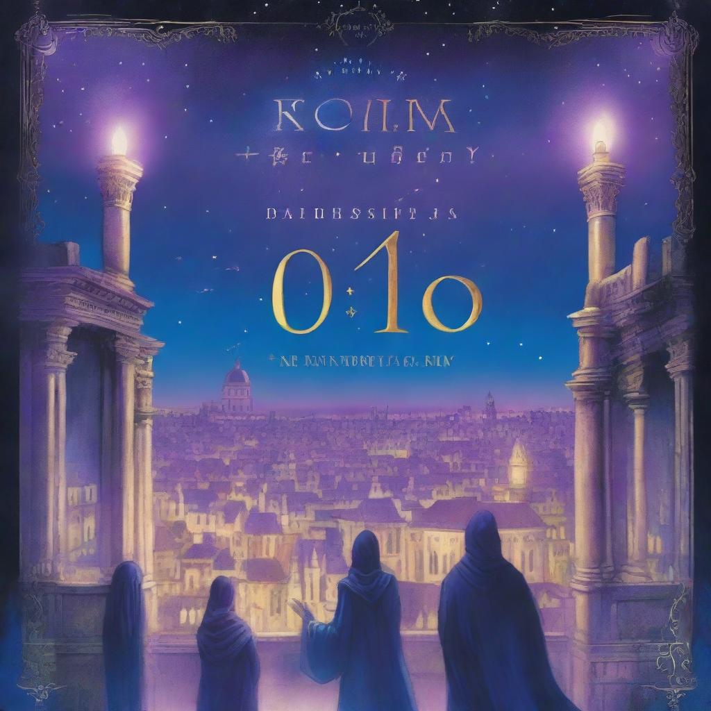 A book cover featuring a panoramic view of an ancient and dark city, with a night sky illuminated by magical beams of blue and purple