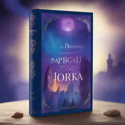 A book cover featuring a panoramic view of an ancient and dark city, with a night sky illuminated by magical beams of blue and purple