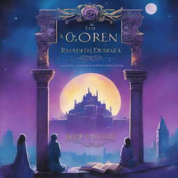 A book cover featuring a panoramic view of an ancient and dark city, with a night sky illuminated by magical beams of blue and purple