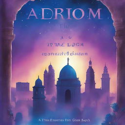 A book cover featuring a panoramic view of an ancient and dark city, with a night sky illuminated by magical beams of blue and purple