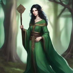 A full-body image of a standing female elf druid with black curly hair, wearing green robes with leather accents and holding a Bo staff