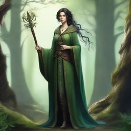 A full-body image of a standing female elf druid with black curly hair, wearing green robes with leather accents and holding a Bo staff