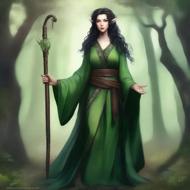 A full-body image of a standing female elf druid with black curly hair, wearing green robes with leather accents and holding a Bo staff