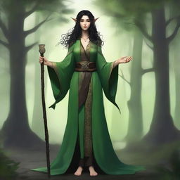 A full-body image of a standing female elf druid with black curly hair, wearing green robes with leather accents and holding a Bo staff