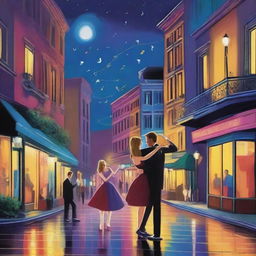 A realistic cityscape at night, inspired by the movie 'La La Land', with musical notes subtly integrated into the scene and jazz musicians playing on the street