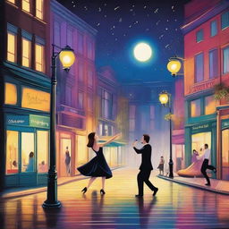 A realistic cityscape at night, inspired by the movie 'La La Land', with musical notes subtly integrated into the scene and jazz musicians playing on the street