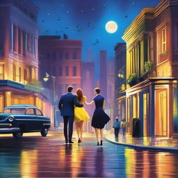 A realistic cityscape at night, inspired by the movie 'La La Land', with musical notes subtly integrated into the scene and jazz musicians playing on the street