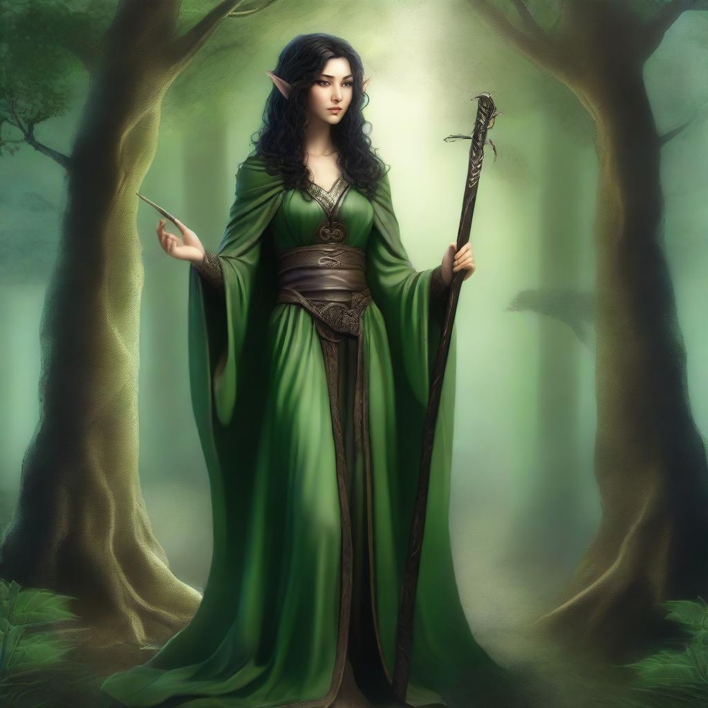 A full-body image of a standing female elf druid with black curly hair, wearing green robes with leather accents, and holding a cane