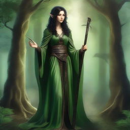 A full-body image of a standing female elf druid with black curly hair, wearing green robes with leather accents, and holding a cane