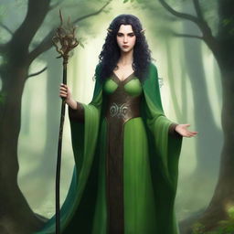 A full-body image of a standing female elf druid with black curly hair, wearing green robes with leather accents, and holding a cane