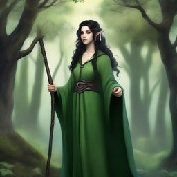 A full-body image of a standing female elf druid with black curly hair, wearing green robes with leather accents, and holding a cane