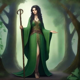 A full-body image of a standing female elf druid with black curly hair, wearing green robes with leather accents, and holding a cane