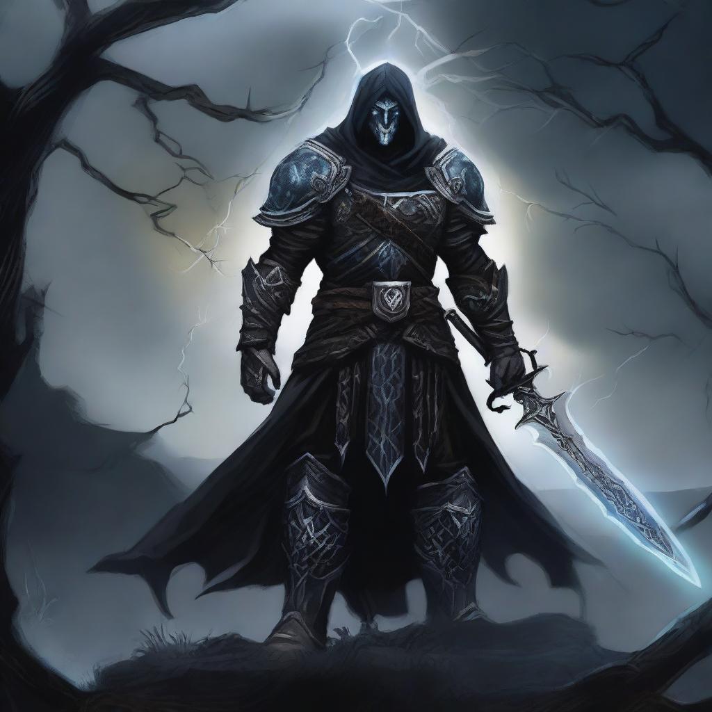 A human paladin who has been corrupted, wearing dark, twisted armor with ominous glowing runes