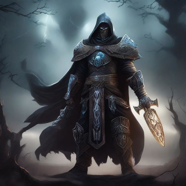 A human paladin who has been corrupted, wearing dark, twisted armor with ominous glowing runes