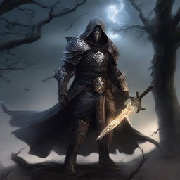 A human paladin who has been corrupted, wearing dark, twisted armor with ominous glowing runes