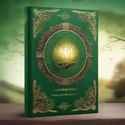 Create a fantasy book cover featuring a color palette of green, gold, and brown