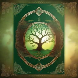 Create a fantasy book cover featuring a color palette of green, gold, and brown