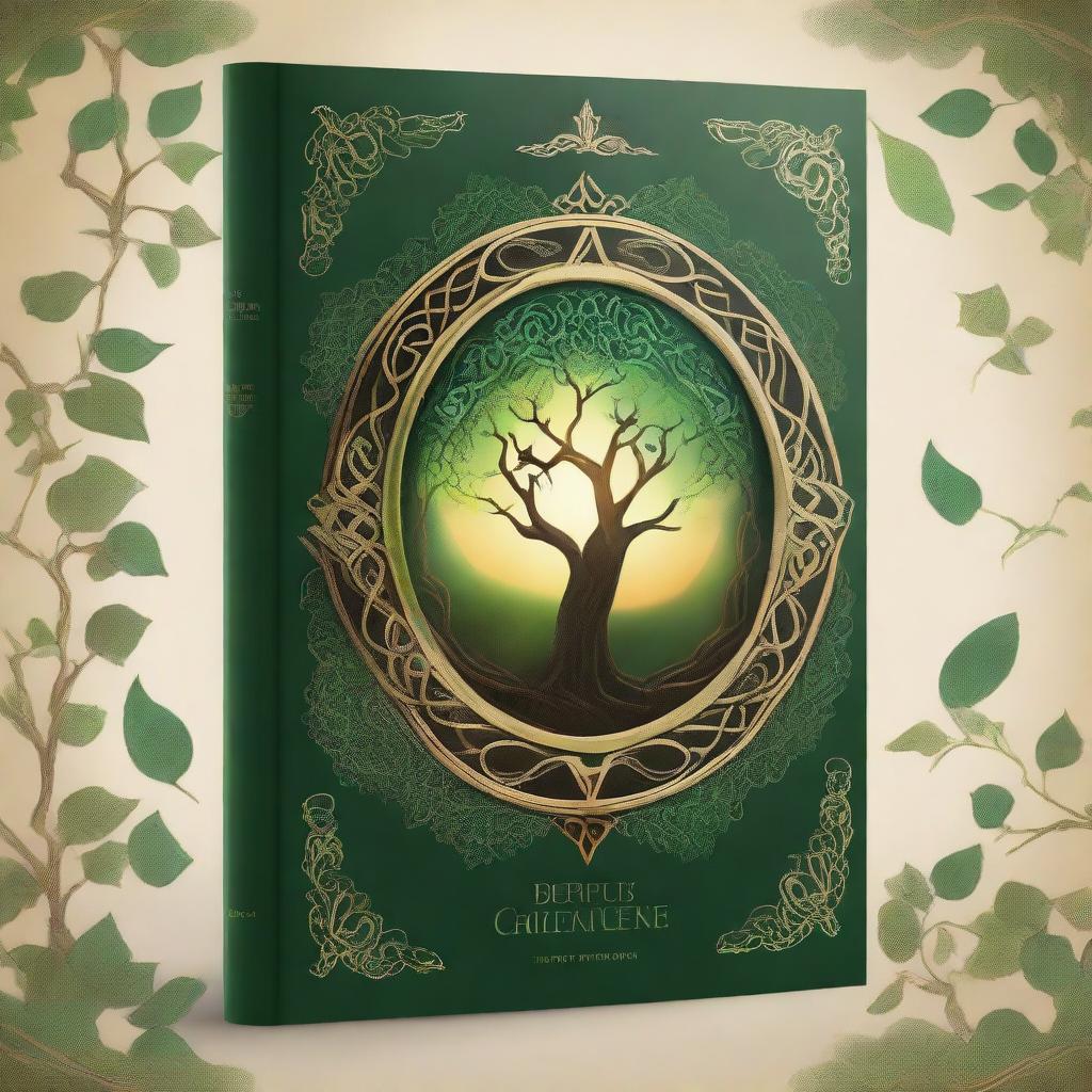 Create a fantasy book cover featuring a color palette of green, gold, and brown