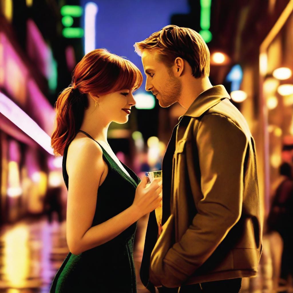 Emma Stone and Ryan Gosling in a scene titled 'Melodies of the City', set in a vibrant urban landscape filled with colorful lights and bustling streets