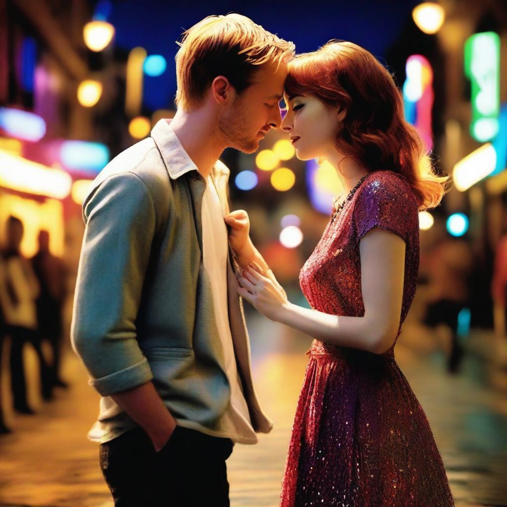 Emma Stone and Ryan Gosling in a scene titled 'Melodies of the City', set in a vibrant urban landscape filled with colorful lights and bustling streets