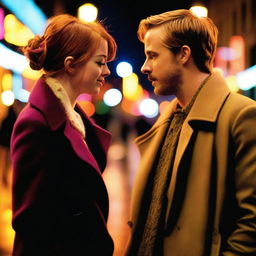 Emma Stone and Ryan Gosling in a scene titled 'Melodies of the City', set in a vibrant urban landscape filled with colorful lights and bustling streets