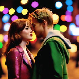 Emma Stone and Ryan Gosling in a scene titled 'Melodies of the City', set in a vibrant urban landscape filled with colorful lights and bustling streets