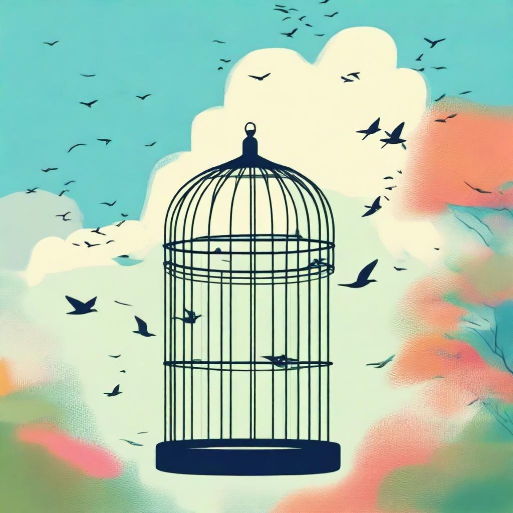 A serene scene of birds flying out of an open cage, taking flight into a clear blue sky