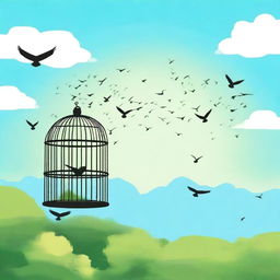 A serene scene of birds flying out of an open cage, taking flight into a clear blue sky