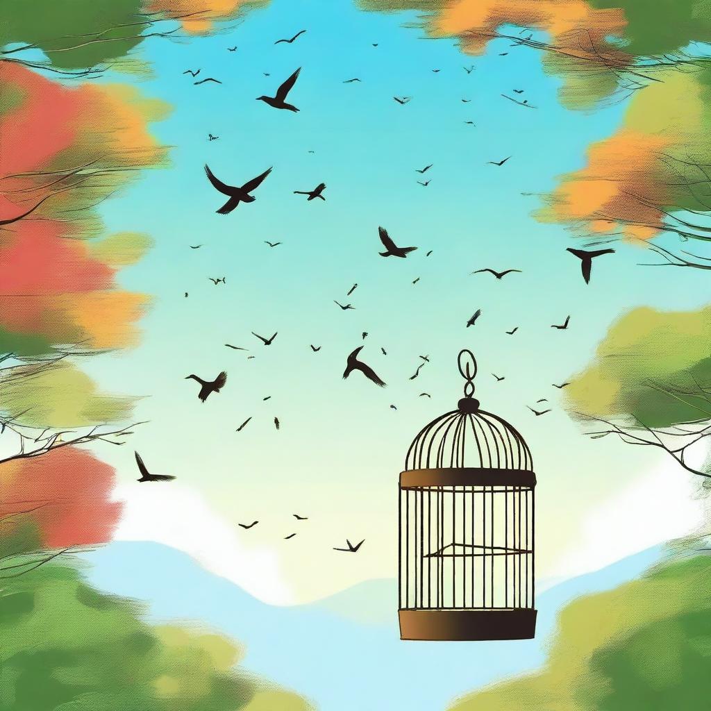 A serene scene of birds flying out of an open cage, taking flight into a clear blue sky