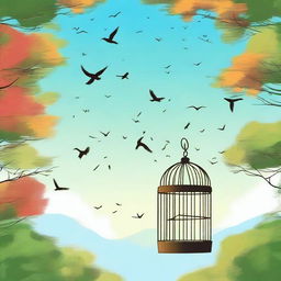 A serene scene of birds flying out of an open cage, taking flight into a clear blue sky