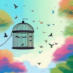 A serene scene of birds flying out of an open cage, taking flight into a clear blue sky