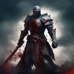 A fearsome knight covered in blood, standing in the midst of a battlefield