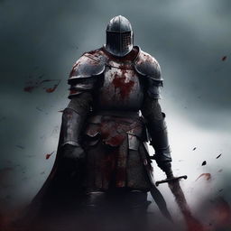 A fearsome knight covered in blood, standing in the midst of a battlefield