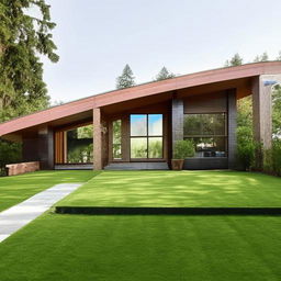 Design an image of a house uniquely built on a 200-yard plot. It has a comfortable living space, large windows, and a beautifully landscaped yard.